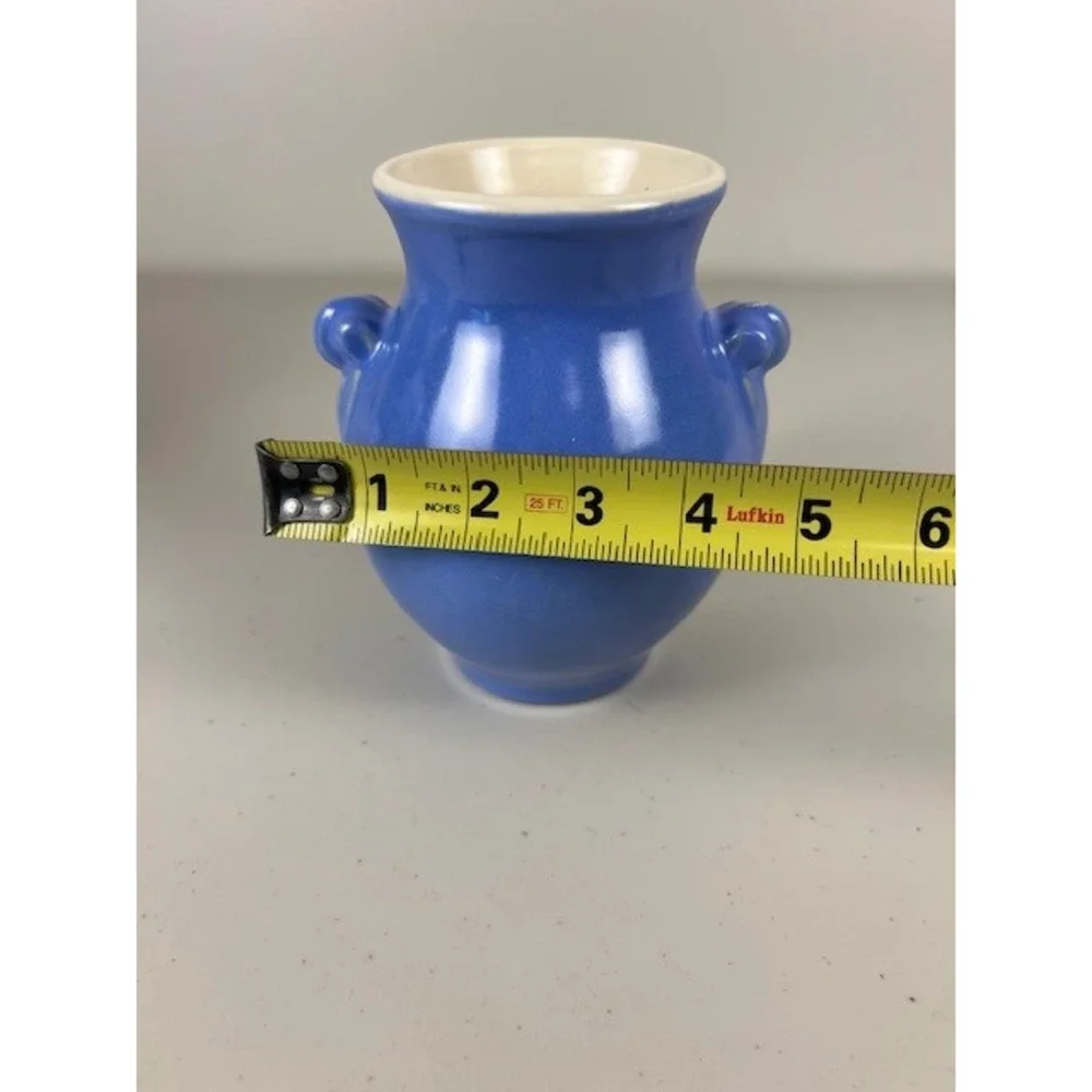 WELLER‎ Pottery Blue Glazed Double Scroll Handle Bud Vase Signed Vintage 6 Inch